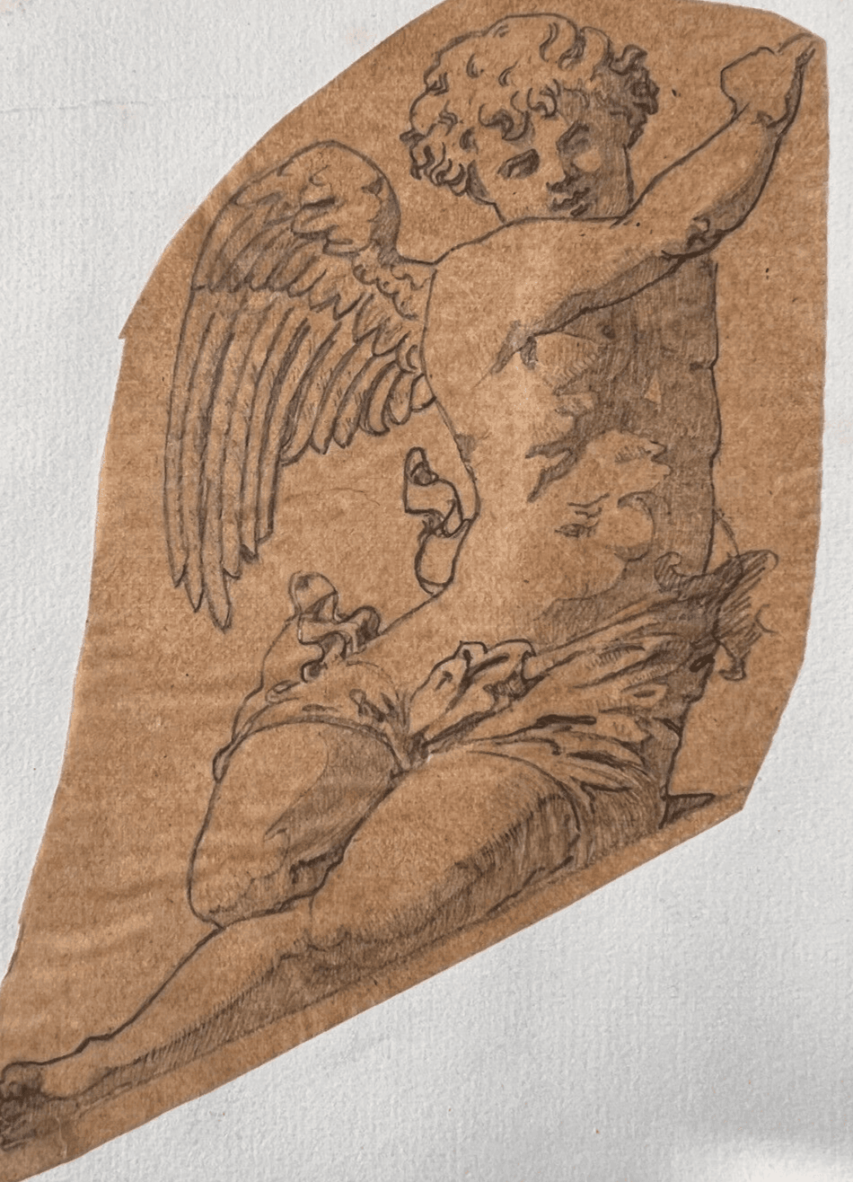 Antique Original Drawing Putti, Angel Portrait 19th century