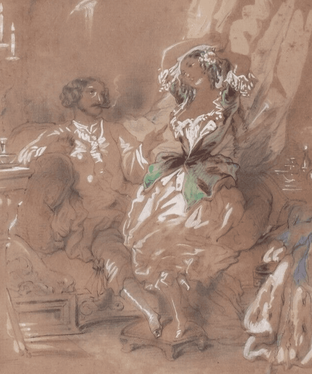 Antique Pencil Old Drawing Couple, Prostitute by Auguste NUMANS (1823-?)