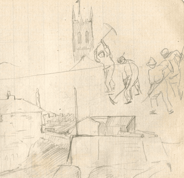 Vintage Pencil Drawing People, Buildings, Workers in the City Original