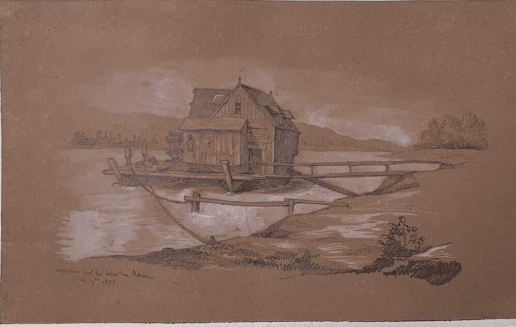 Antique Ink Drawing Original 19th century Mills Landscape 1896