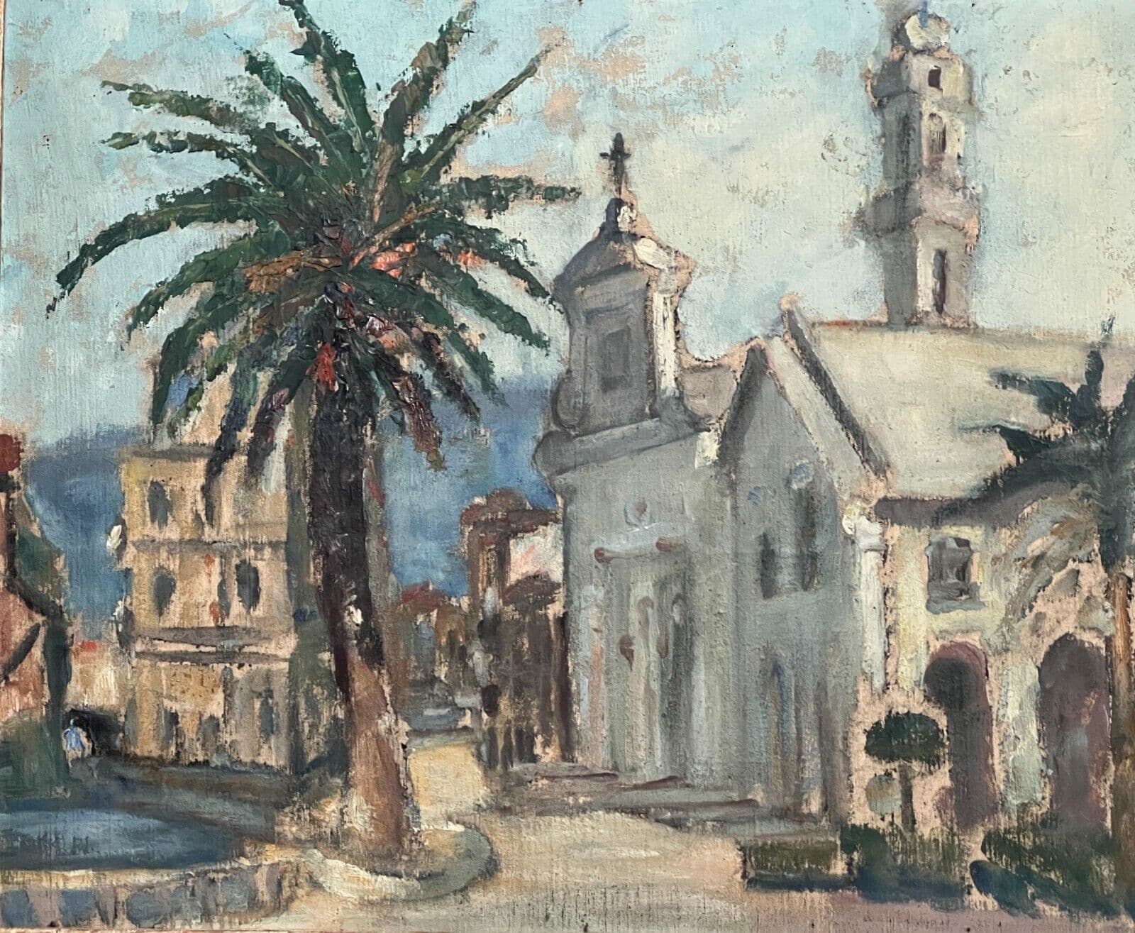 Antique Oil Painting Maritime Landscape , Cityview, Building, Church, Tree