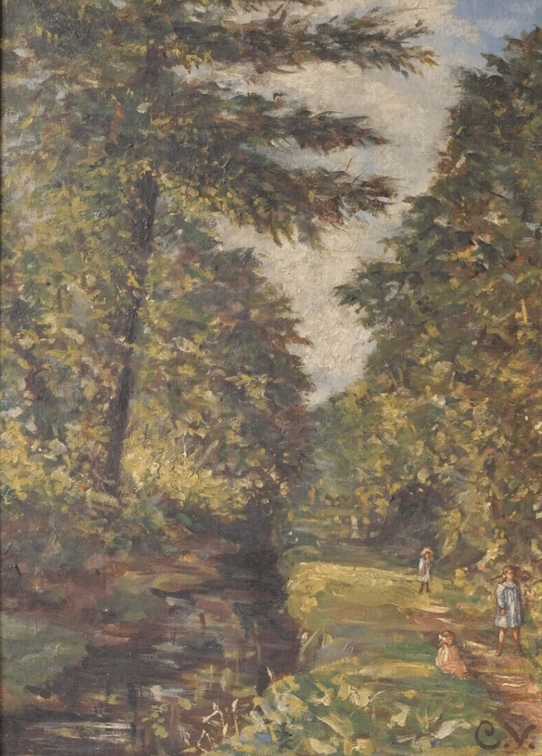 Antique Painting Original Landscape Forest and Children Playing signed