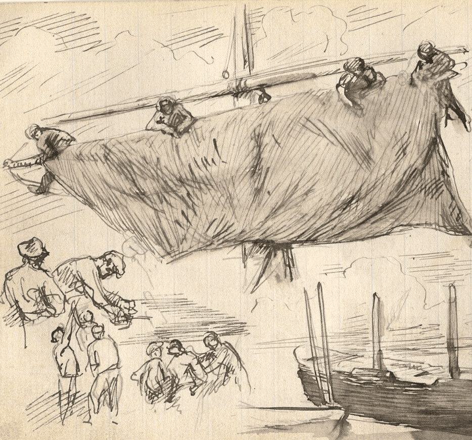 Vintage Ink Drawing Original Sailing, Boat, Sketches Figures Artwork