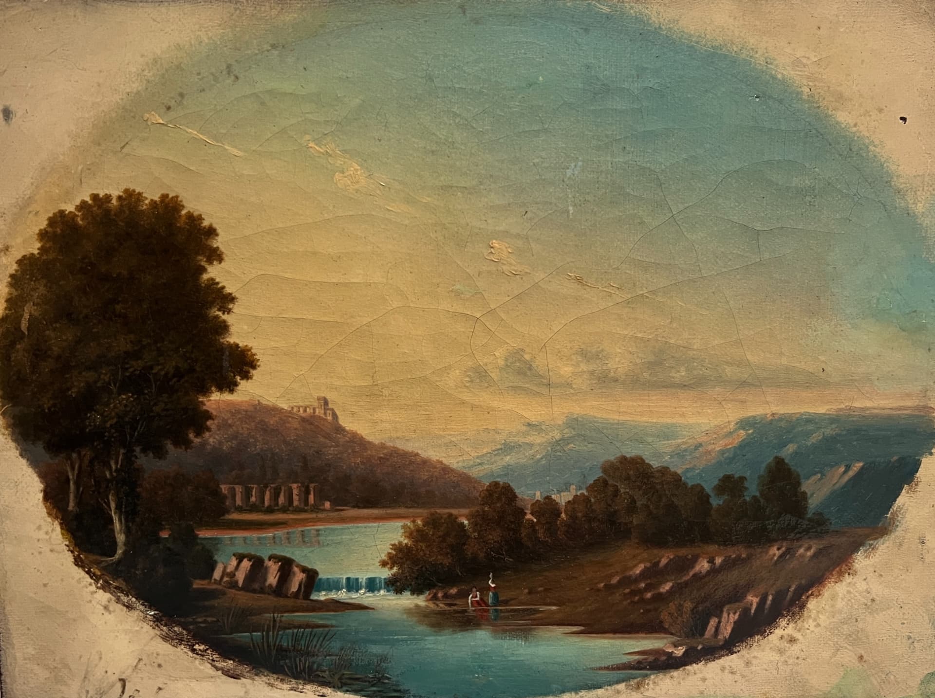 Painting Landscape with Waterfall and People