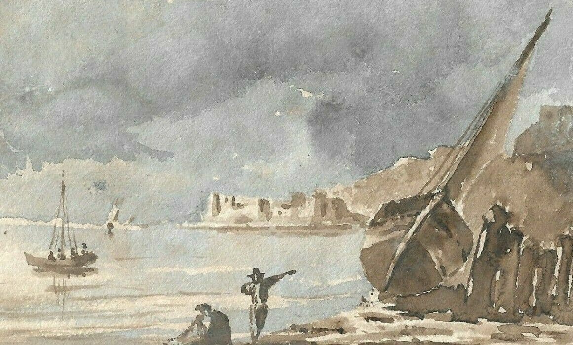 Antique Ink Drawing 19th century Seaview Landscape with Figures