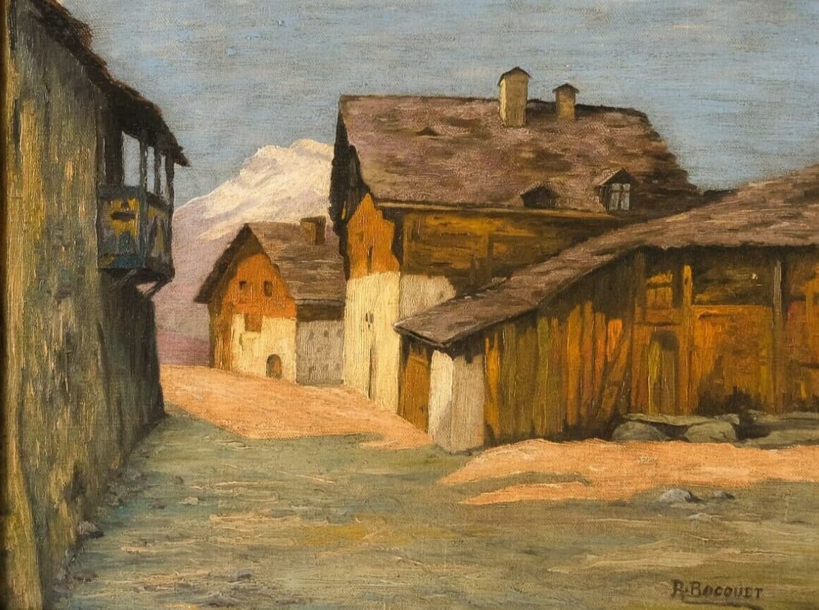 Painting signed BOCQUET Mountain Chalet Landscape