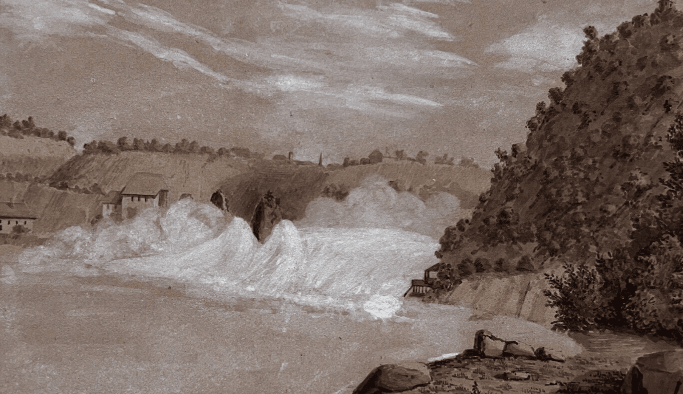 Antique Ink Original Drawing Switzerland Landscape, Waterfall