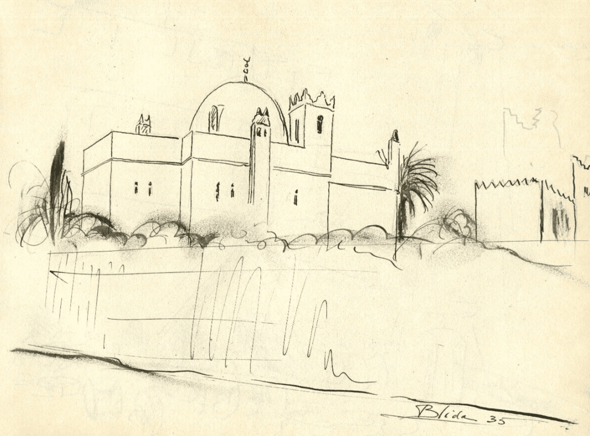 Vintage Ink Original Drawing Landscape, Blida, Cityview, Mosque c. 1935