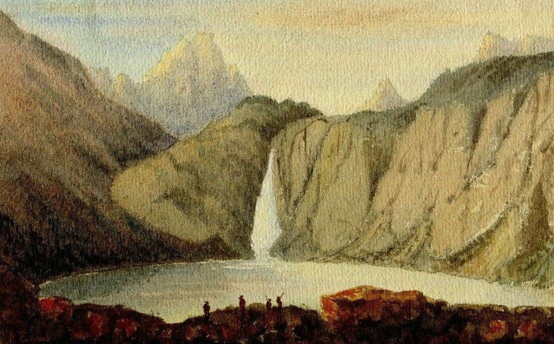 Antique Original Drawing signed A.Collomb Landscape Lake Oo Pyrénées