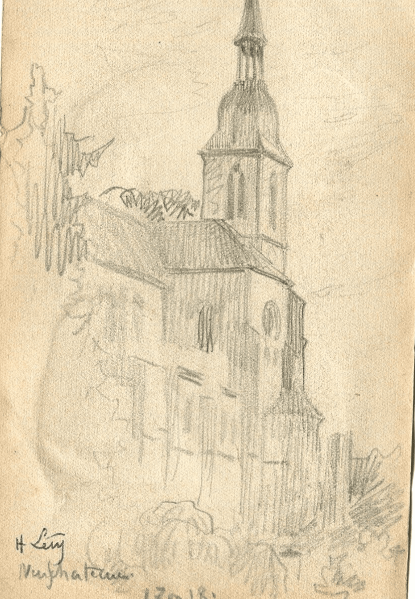 Vintage Pencil Original Drawing signed Village Art Nouveau Artwork