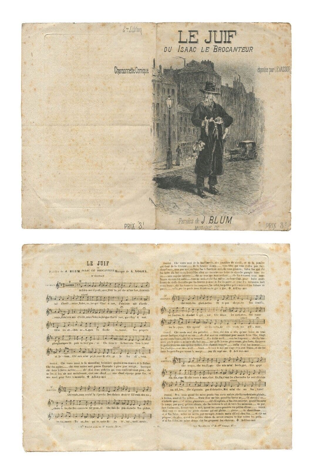 Antique Sheet music Le Juif ou Isaac le Brocanteur J. Blum by Adolphe Vogel