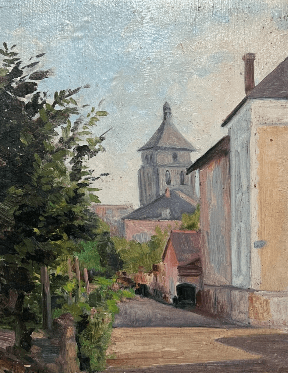 Antique Original Painting Landscape, Village, Trees, Forest signed