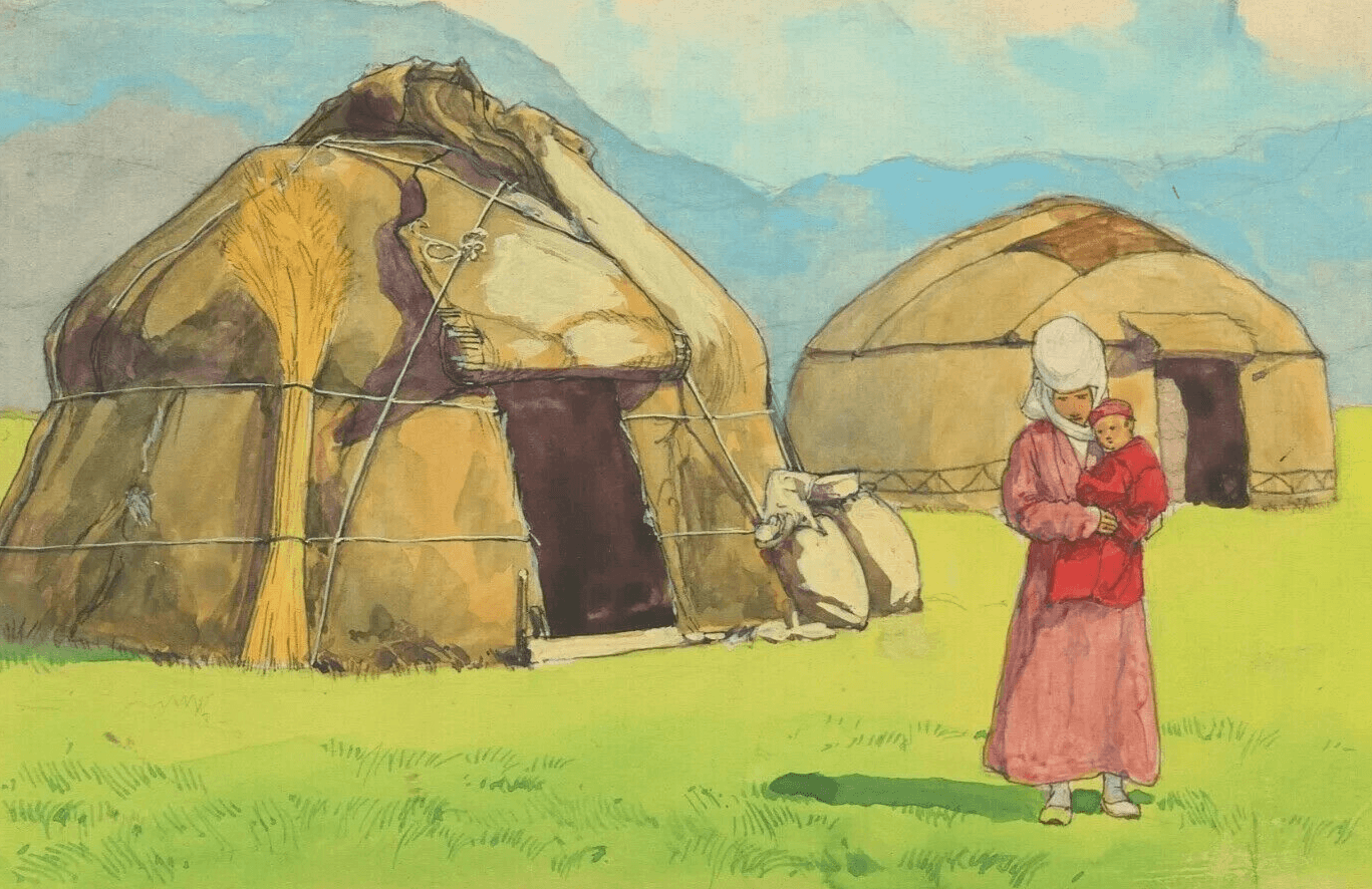 Antique Original Drawing Gouache, Illustration, Tents Kyrgyz