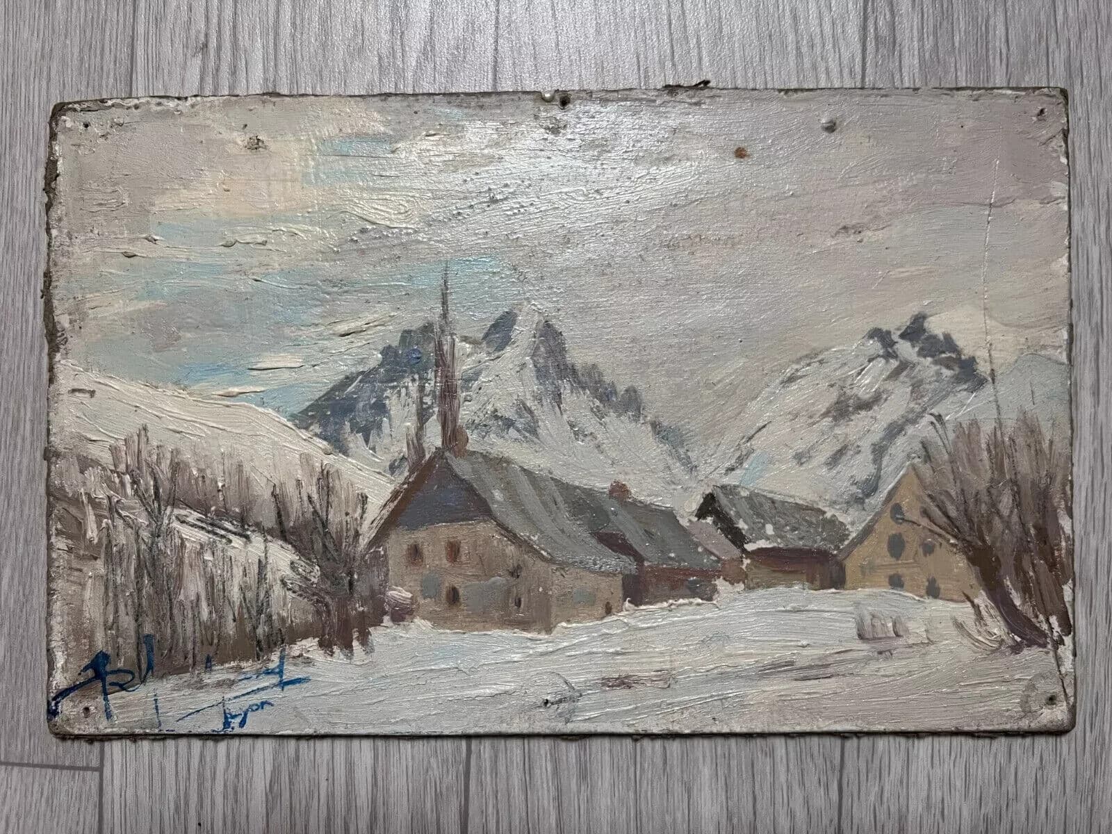 Antique Original Painting signed WinterLandscape, Town, Mountain Robert BELGRAND image 2
