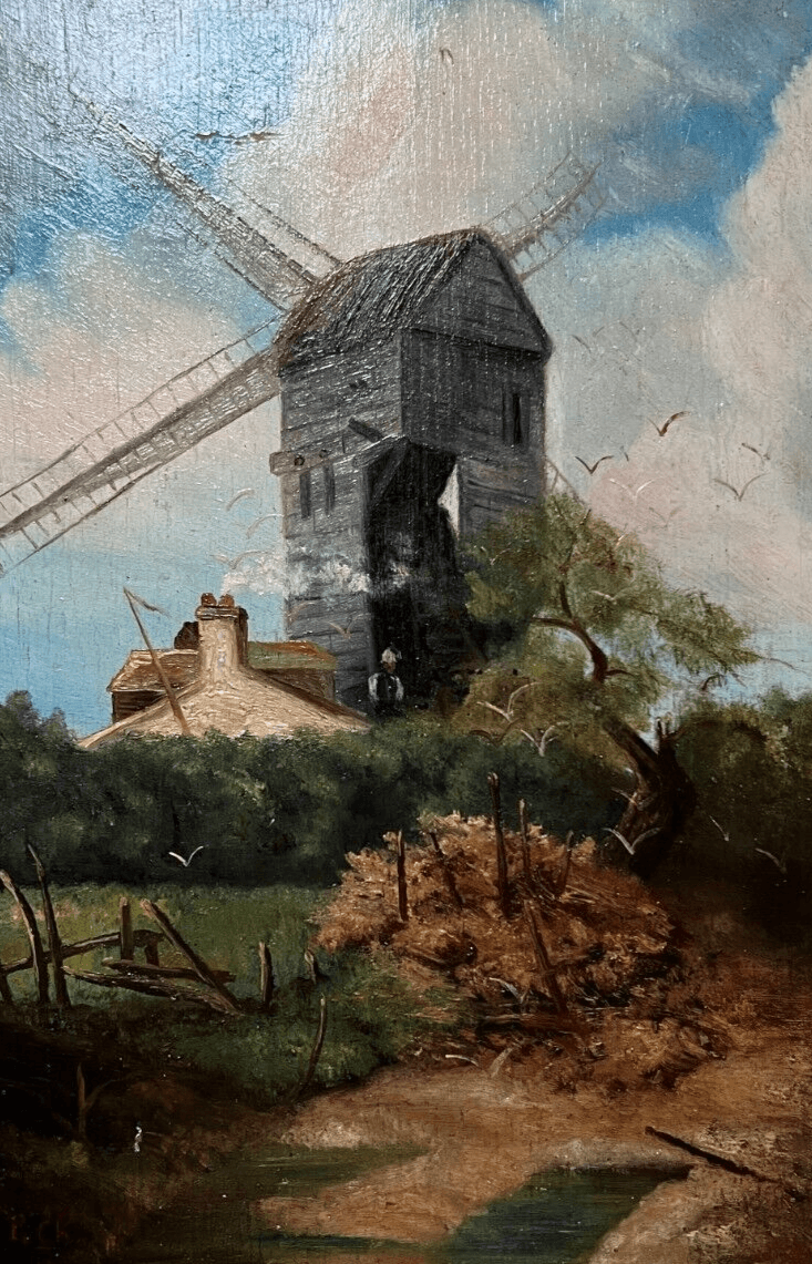 Antique Painting Original Landscape, Mills, House, People, Trees signed