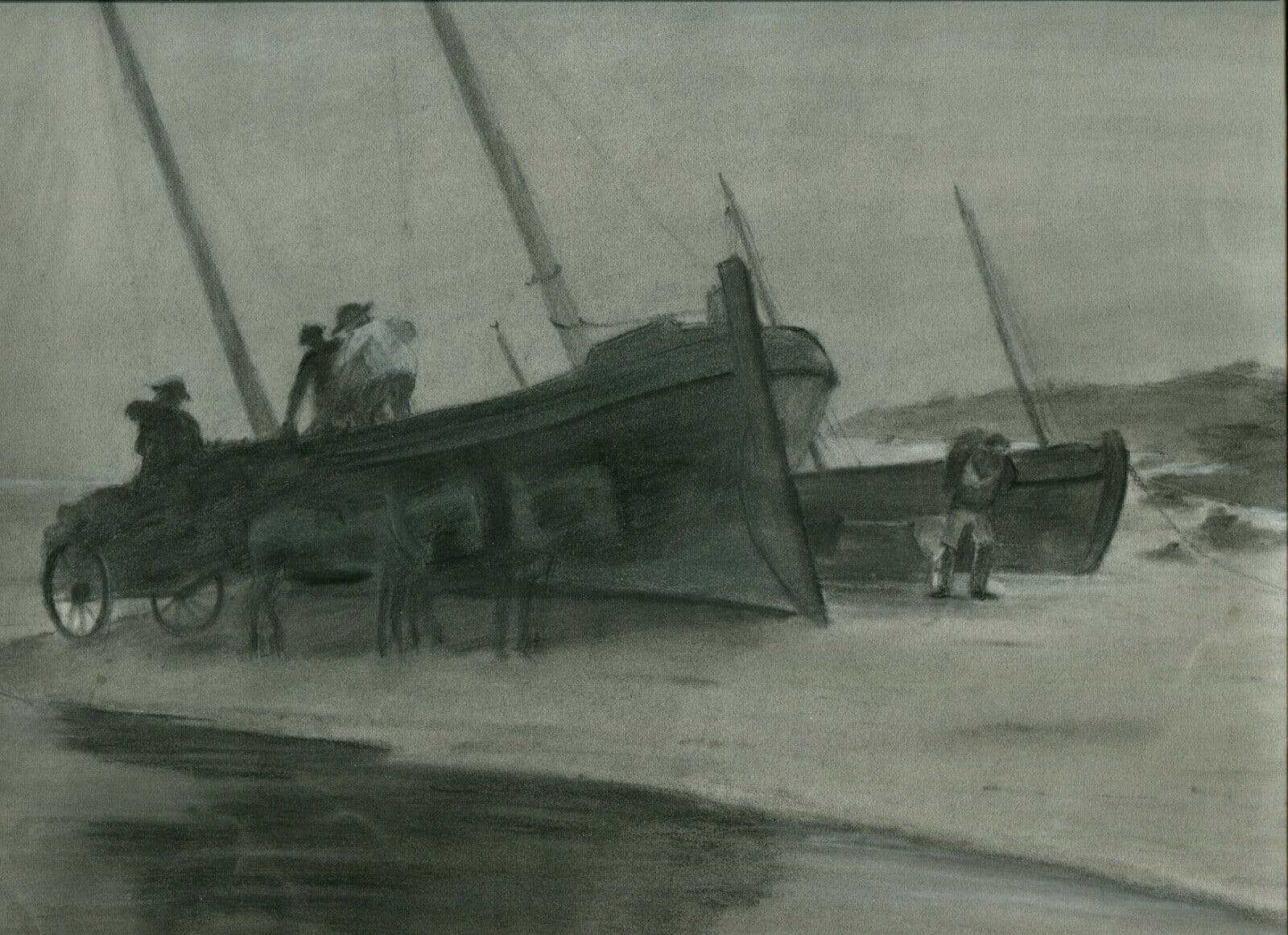 Drawing Maritime Landscape Boats, Sea signed