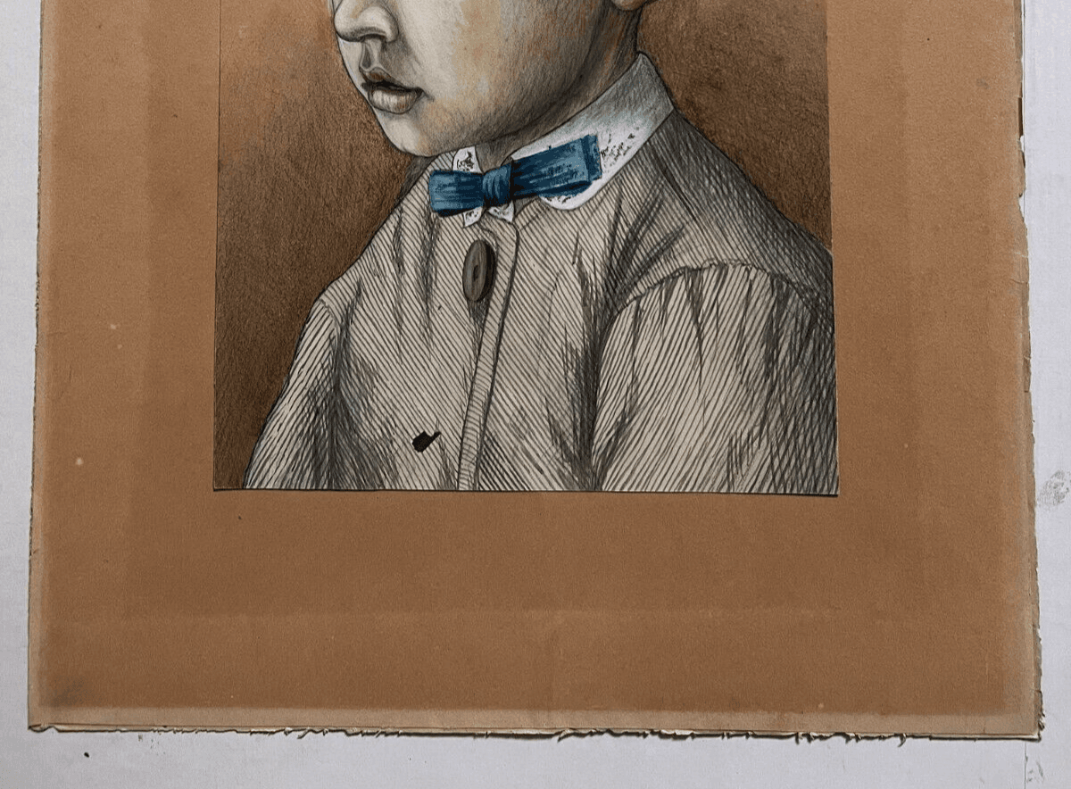Antique Drawing Ink Original Boy, Portrait, Child 1870 19th century image 5