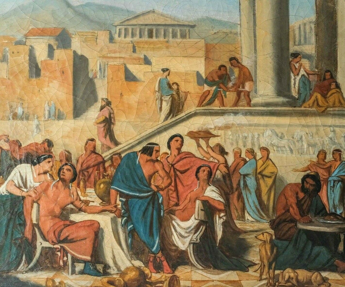 Antique Painting Original Old 19th century Banquet Scene in Athens, People