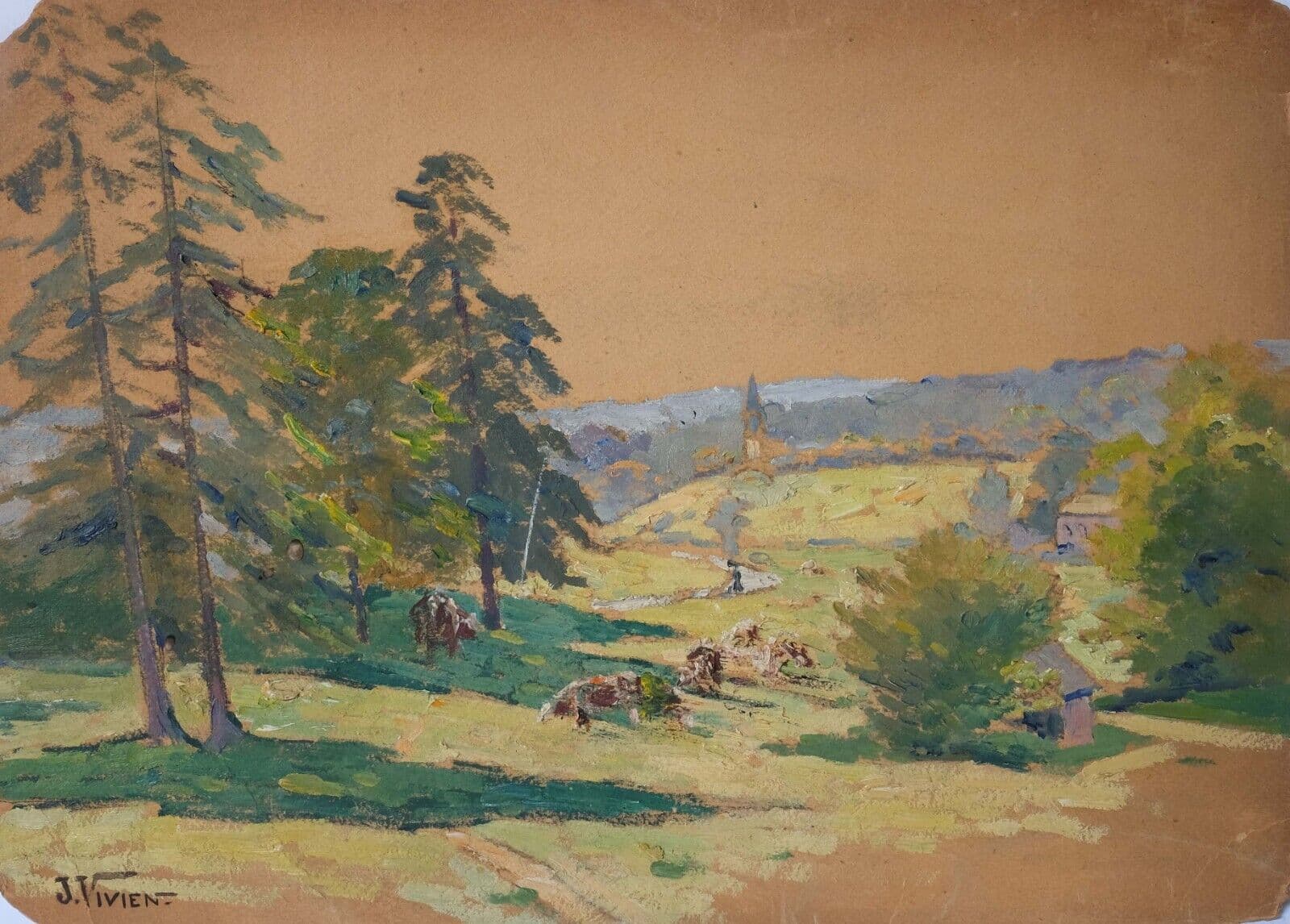 Antique Original Painting Landscape, Trees, Forest, Town, Nature signed