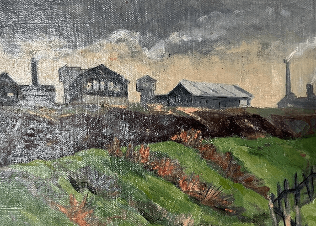 Vintage Original Painting Landscape, Cityview, Houses, Architecture