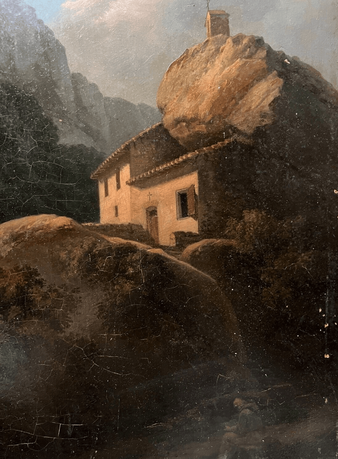Antique Painting Original Landscape, House, Mountain, Religious, Meteora, Greece image 1