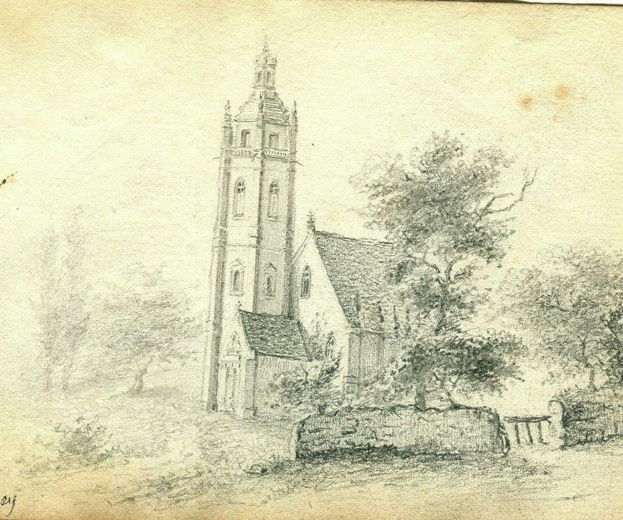 Antique Pencil Original Drawing 19th century Loisey Landscape with Farm