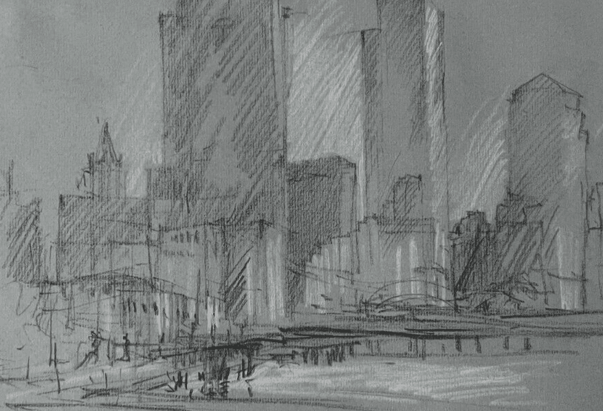 Modern Drawing Original signed New-York Cityview, Buildings