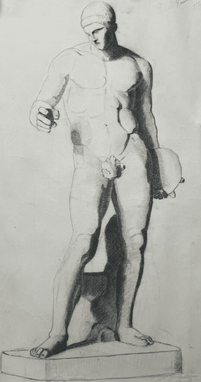 Antique Original Drawing Man, Portrait, Academic, Nude, Stick