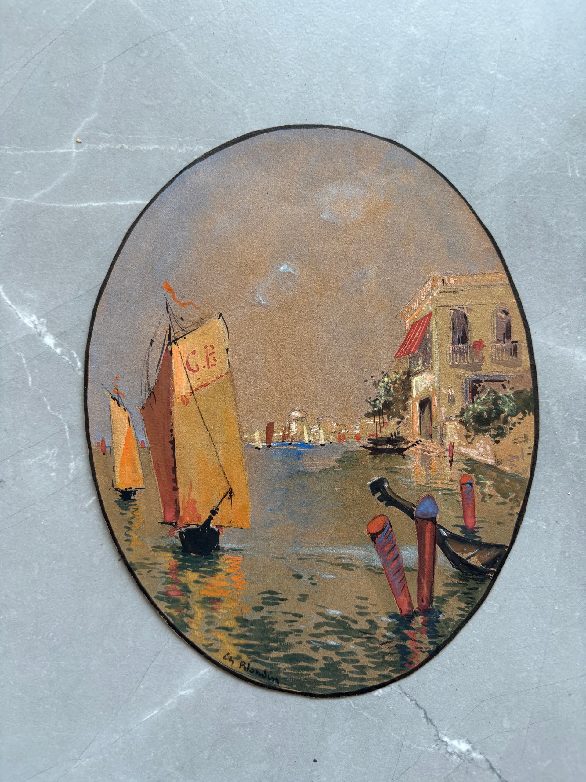 Antique Drawing Original signed Charles BLONDIN (1913-1991) Italy Seascape