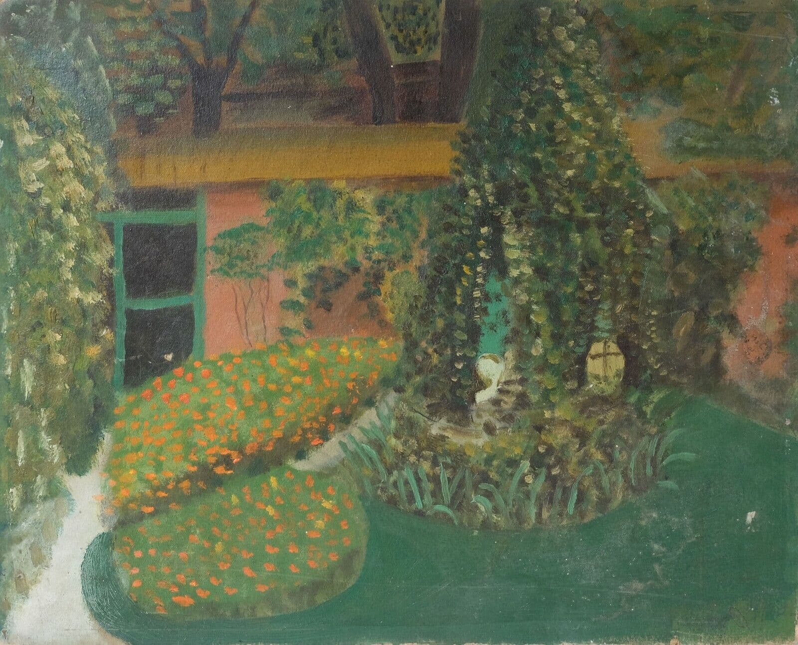 Antique Oil Original Painting Signed Garden Landscape, Floral