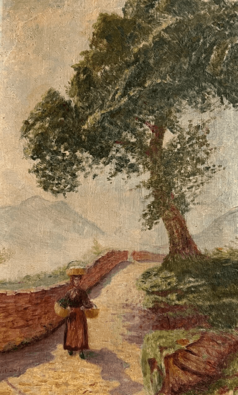 Antique Painting Landscape Original signed Woman, Work, Path