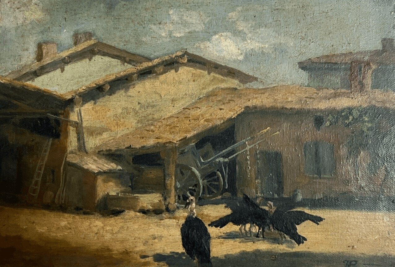 Antique Painting Original 19th Farm Farm House Birds Landscape