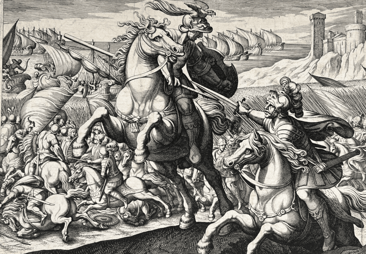 Antique Etching Original Horse, Battle, People, Landscape, War, Castle