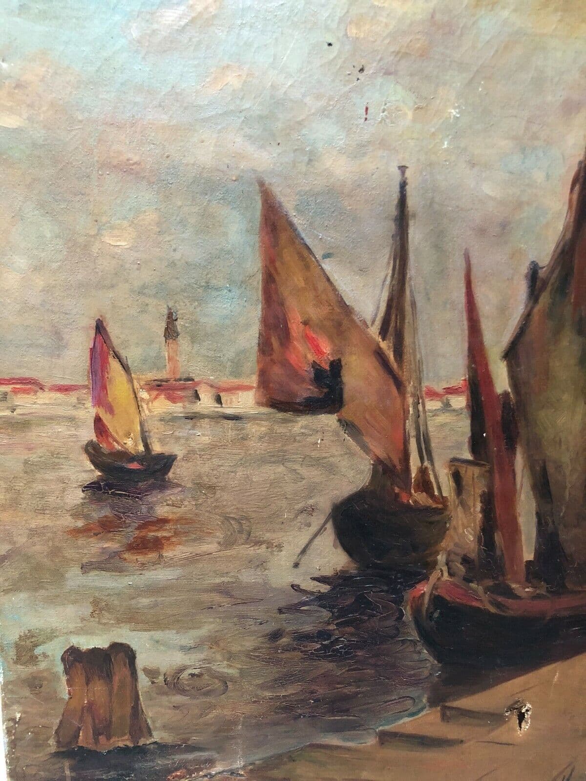 Antique Original Painting Signed Maritime Landscape with Boats at Sea, Sunset