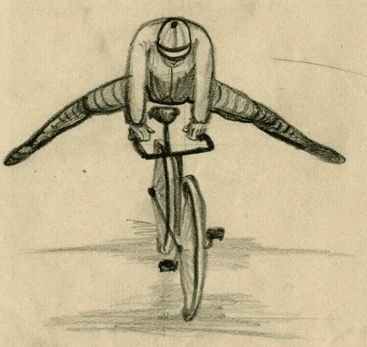 Modern Vintage Drawing Original Man Portrait on a Bike, Caricatures