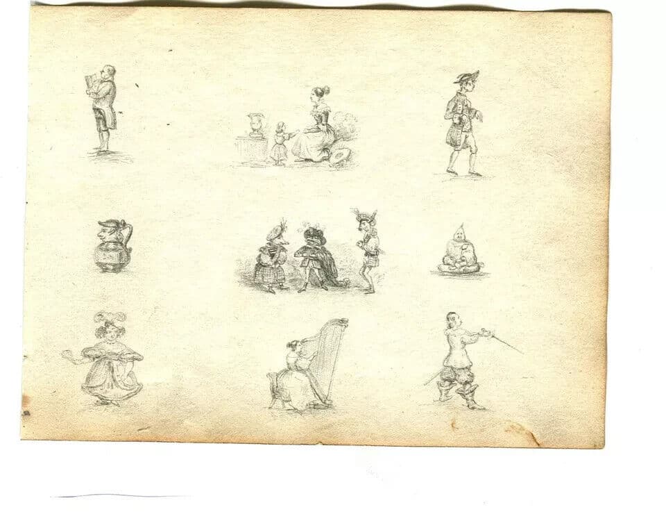 Antique Pencil Drawing Original 19th century Musketeer, Harp, Caricatures image 4