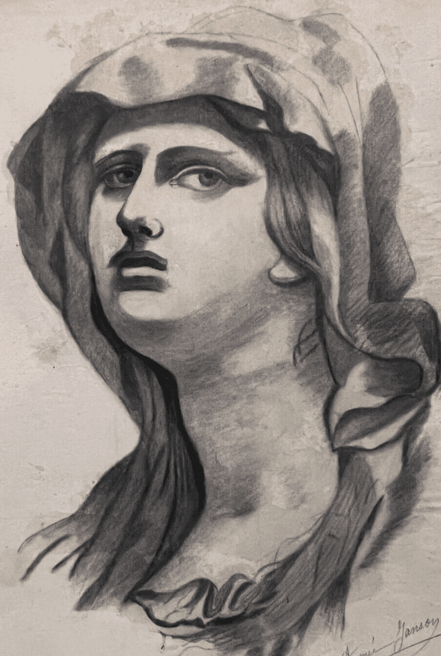Antique Drawing Charcoal Original Portrait Woman Sculpture signed