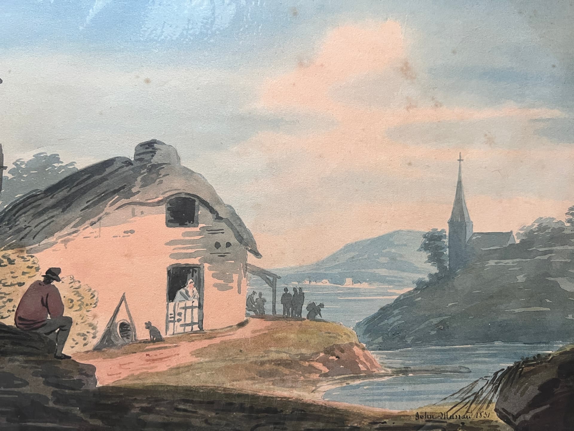 Drawing John MUSSARD (XIX) Lake Landscape with Man