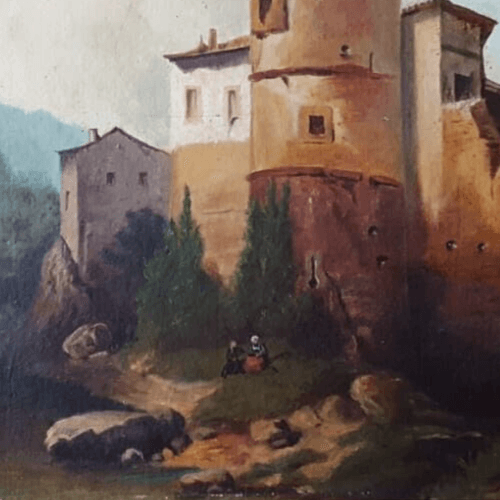 Antique Painting Oil Original 19th Century Fortified Hamlet Village Landscape image 4