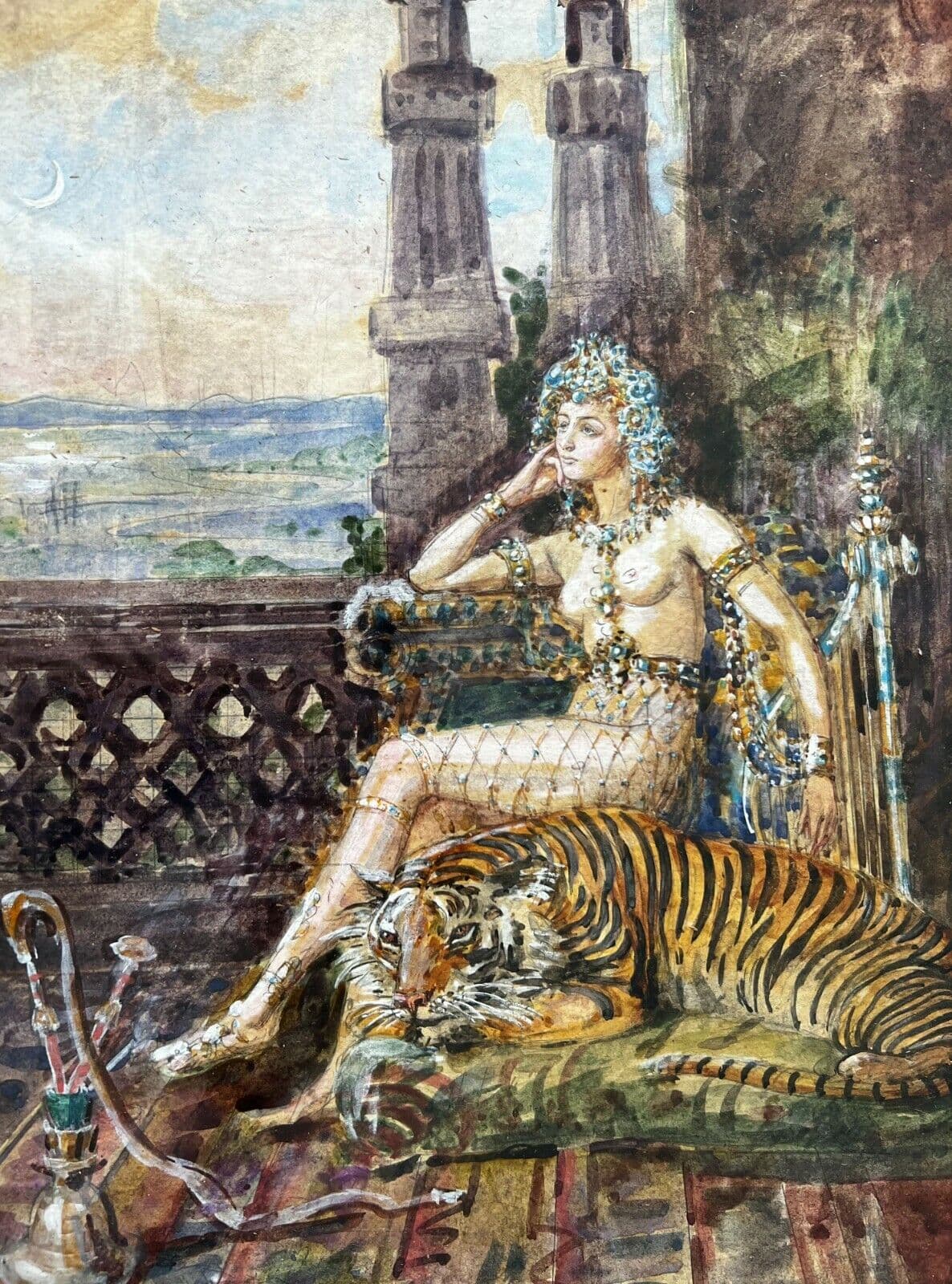 Antique Original Old Drawing Horace DE CALLIAS (1847-1921) Princess and Tiger