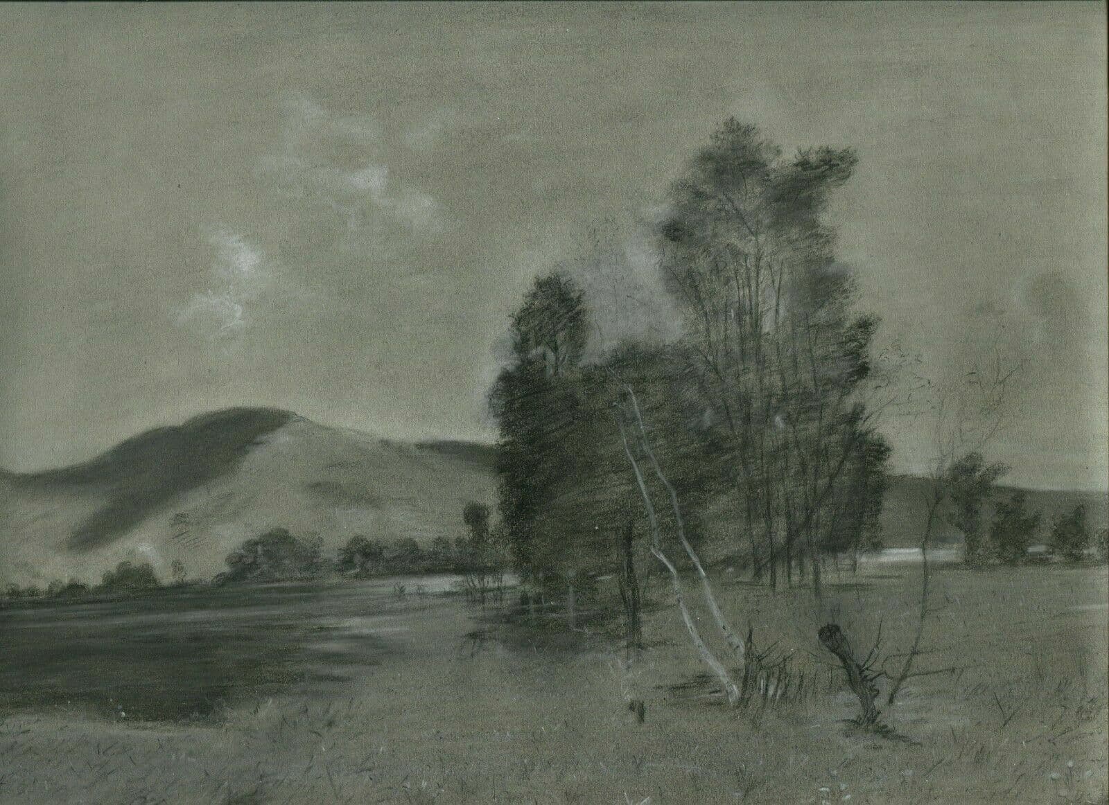 Drawing signed Landscape, Tree, River