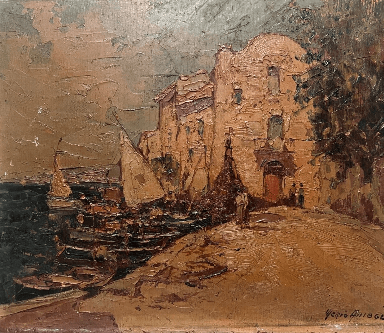 Vintage Painting Merio AMEGLIO (1897-1970) Maritime Landscape, Seascape