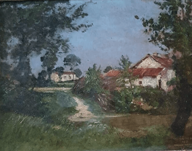 Antique Painting Original Houses, Landscape, Forest, Trees, Town