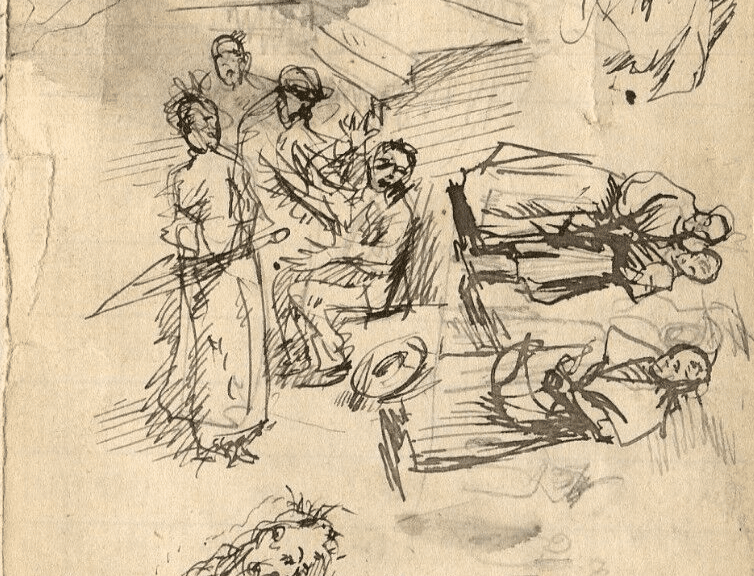 Antique Ink Drawing Original People, Multiples Sketches