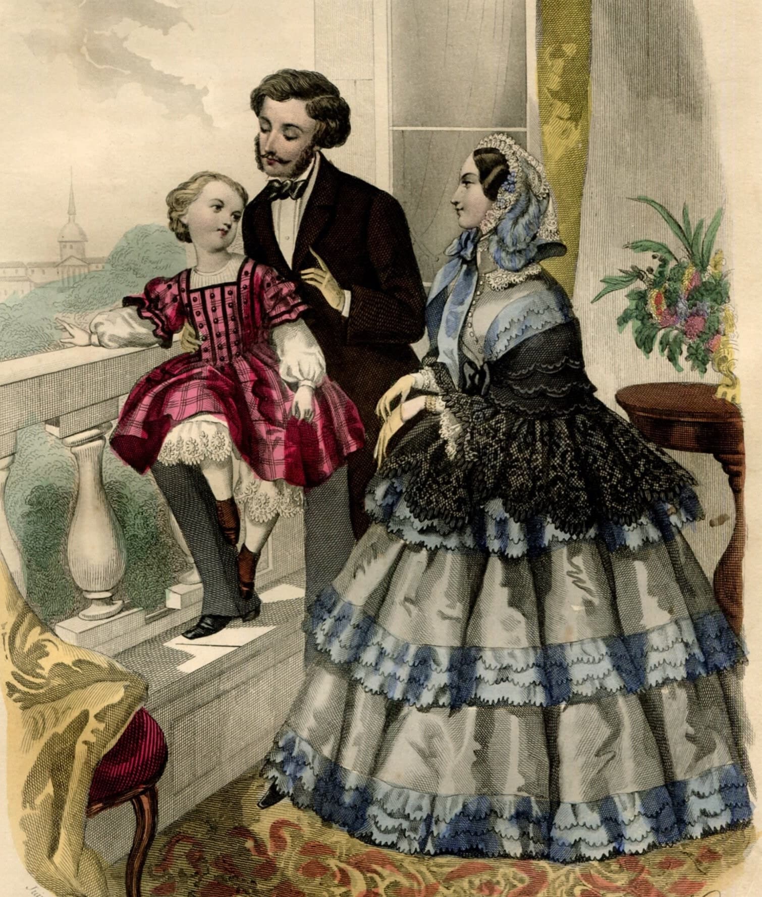 Antique French Fashion Engraving – Modes Vraies, Travail en Famille – 19th