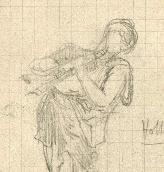 Antique Pencil Original Drawing, Figures, Music, Trumpet, Sketch, Signed image 2
