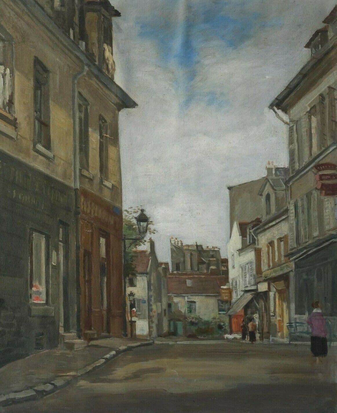 Modern Antique Original Painting Oil Inside Cityview with People Original