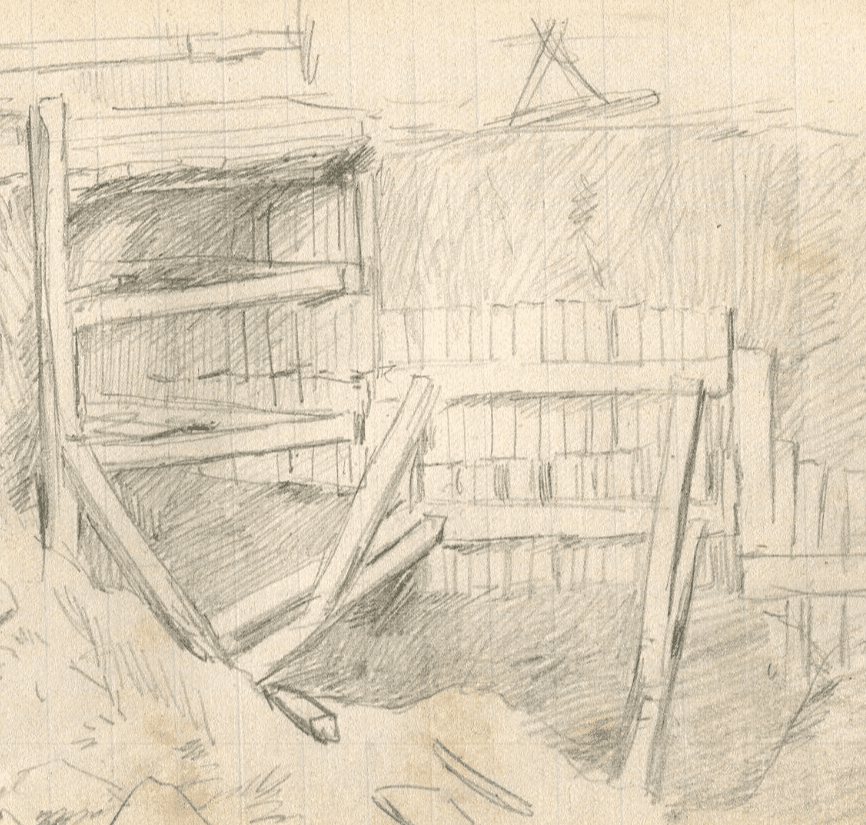 Vintage Pencil Original Drawing Entrance Mine, House, Landscape