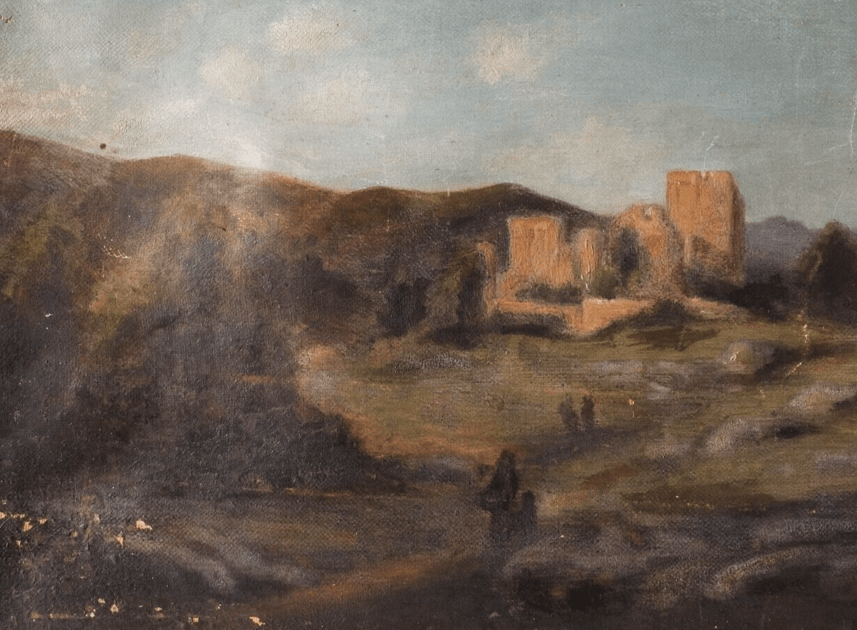 Antique Original Painting Landscape with Ruins, Castle 19th century People