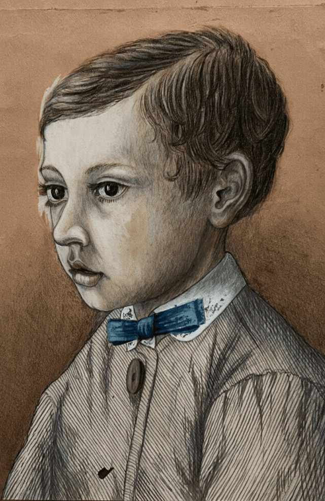 Antique Drawing Ink Original Boy, Portrait, Child 1870 19th century